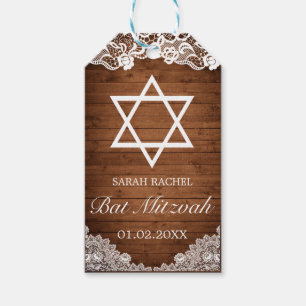 Rustic Wood & White Lace Bat Mitzvah Gift Tags