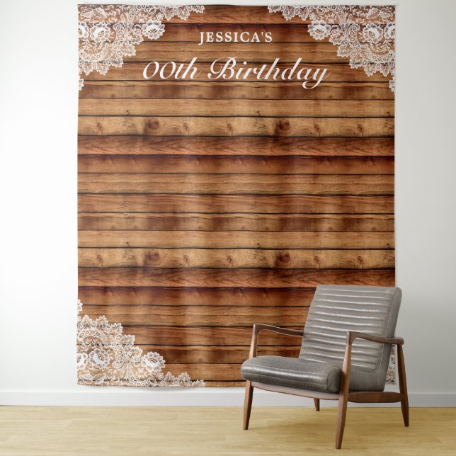 Rustic Wood & White Lace Birthday Photo Background Tapestry (In Situ)