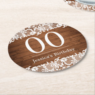 Rustic Wood & White Lace Birthday Round Paper Coaster