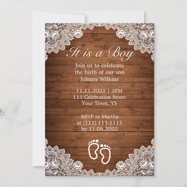 Rustic Wood & White Lace Boy Birth Celebration Invitation (Front)