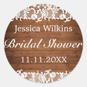 Rustic Wood & White Lace Bridal Shower Classic Round Sticker