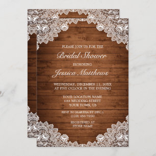 Rustic Wood & White Lace Bridal Shower Invitation