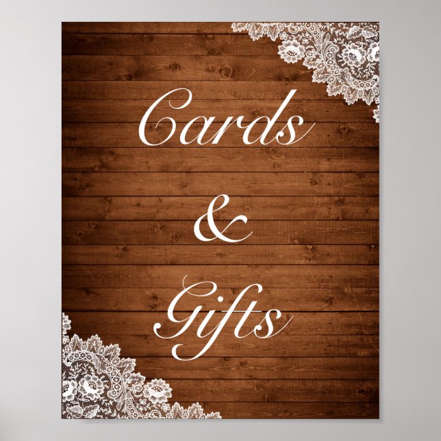 Rustic Wood & White Lace Cards Gifts Wedding Poster (Front)
