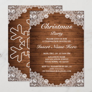 Rustic Wood & White Lace Christmas Party Invitation