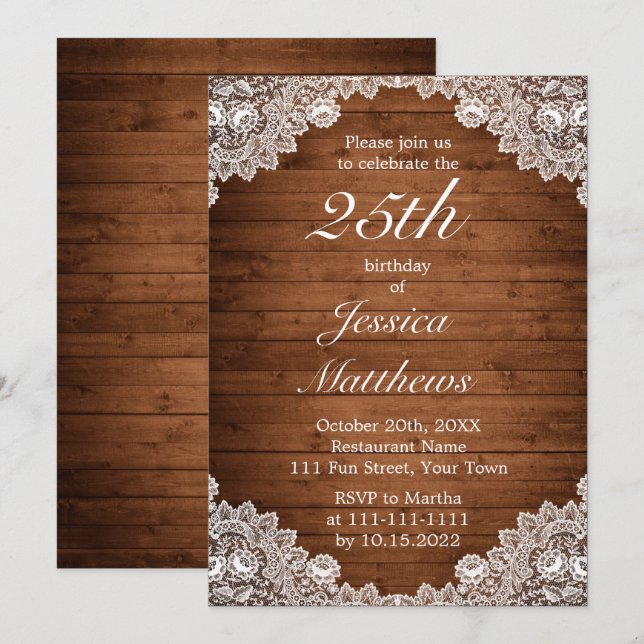 Rustic Wood & White Lace Custom Birthday Invitation (Front/Back)