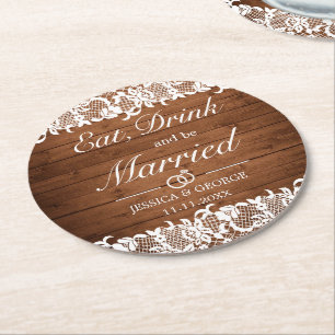 Rustic Wood & White Lace Eat Drink Married Wedding Round Paper Coaster