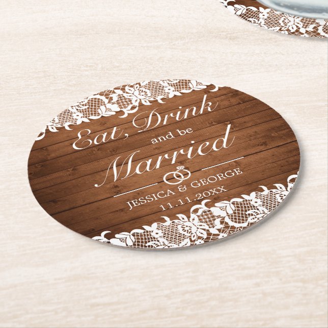 Rustic Wood & White Lace Eat Drink Married Wedding Round Paper Coaster (Angled)