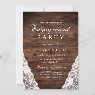Rustic Wood White Lace Engagement Party Invite