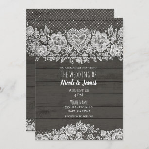 Rustic Wood & White Lace Farmhouse Barn Wedding Invitation