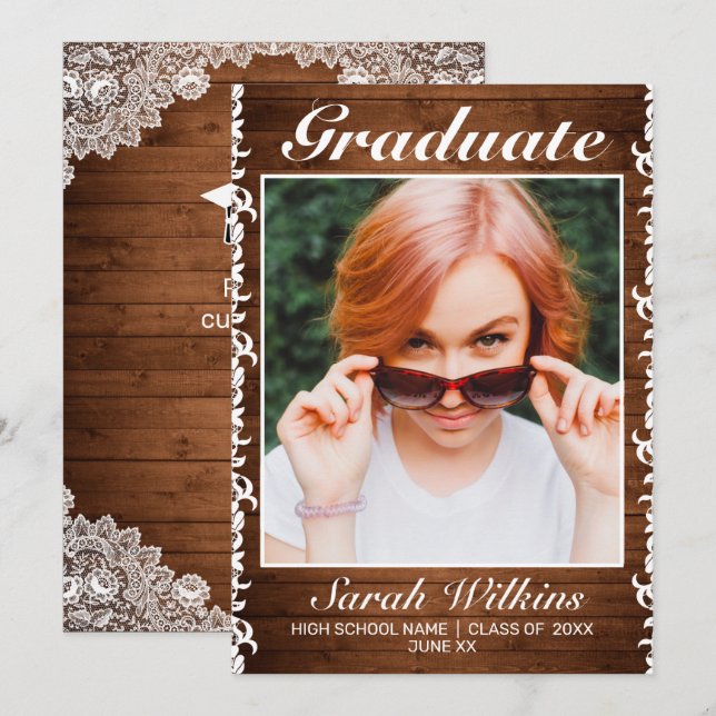 Rustic Wood & White Lace Graduation Announcement (Front/Back)