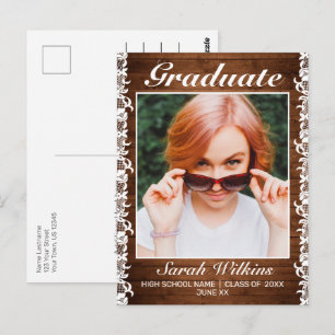 Rustic Wood & White Lace Graduation Announcement Postcard
