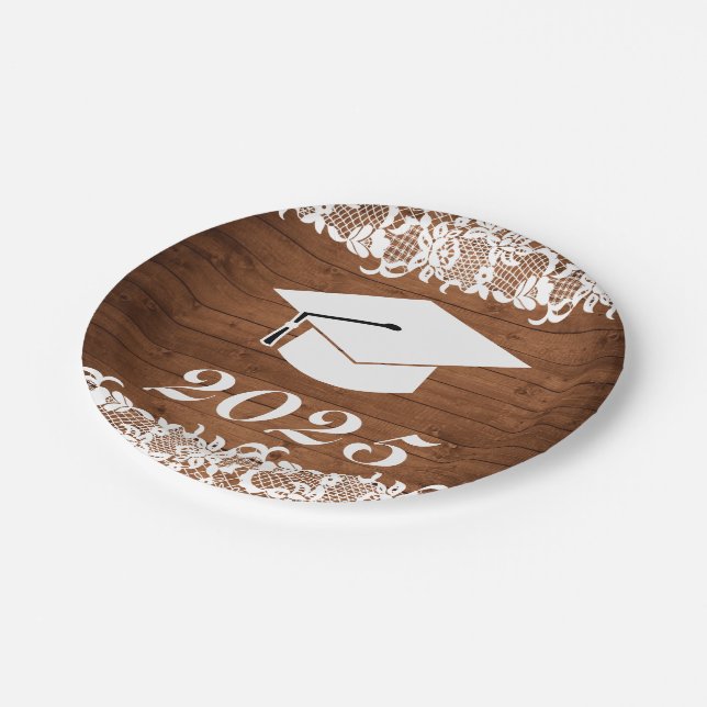 Rustic Wood & White Lace Graduation Hat Paper Plate (Angled)