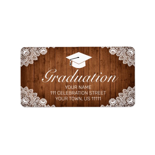 Rustic Wood & White Lace Graduation Invitation Label (Front)