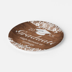 Rustic Wood & White Lace Graduation Paper Plate