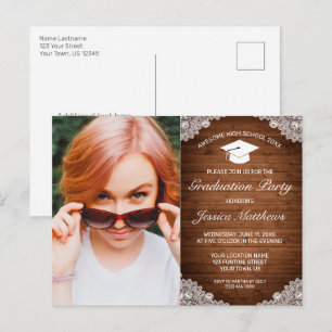 Rustic Wood White Lace Graduation Photo Invitation Postcard