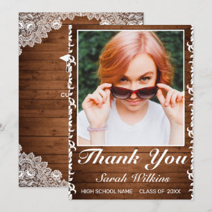 Rustic Wood & White Lace Graduation Photo Thank Y You Card