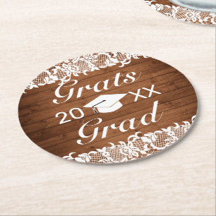 Rustic Wood & White Lace Grats Graduation Round Paper Coaster