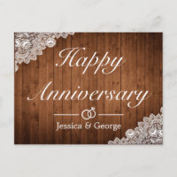 Rustic Wood White Lace Happy Anniversary Greeting