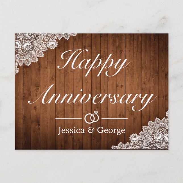 Rustic Wood White Lace Happy Anniversary Greeting Announcement Postcard (Front)