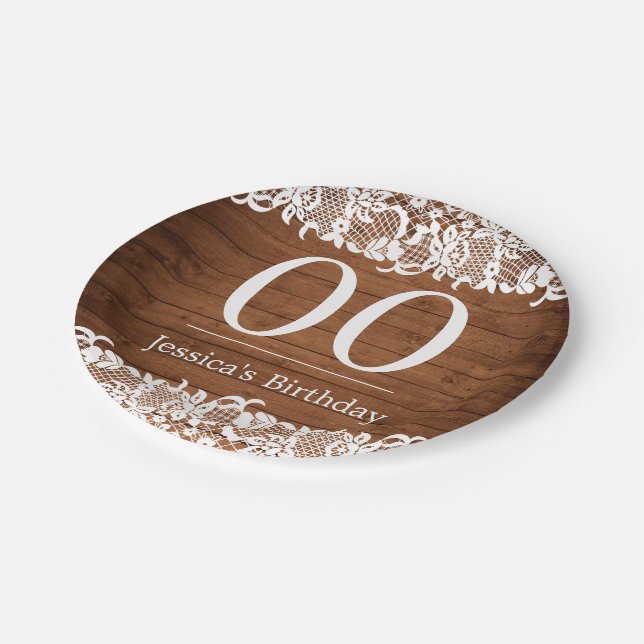Rustic Wood & White Lace Happy Birthday Paper Plate (Angled)