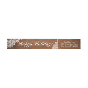 Rustic Wood & White Lace Happy Holidays Wrap Around Label