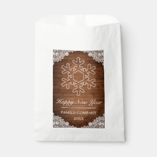 Rustic Wood & White Lace Happy New Year Snowflake Favour Bags