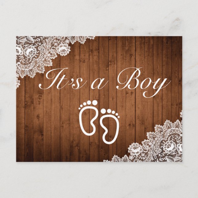 Rustic Wood & White Lace It's a Boy Announcement Postcard (Front)