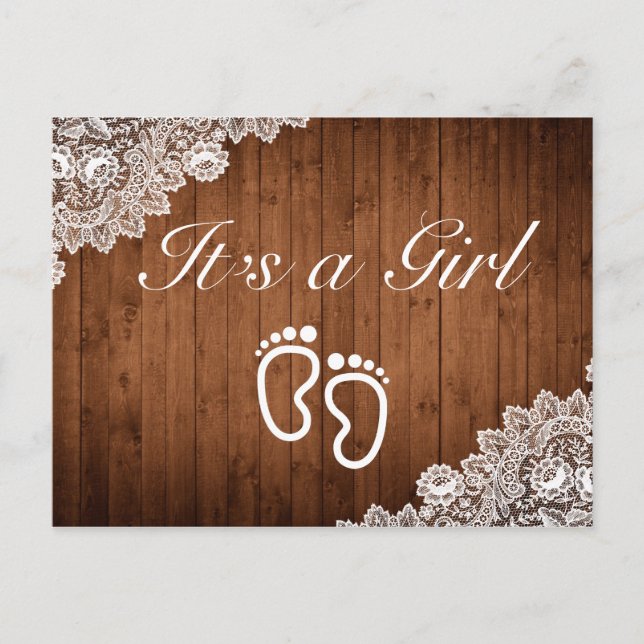 Rustic Wood & White Lace It's a Girl Announcement Postcard (Front)