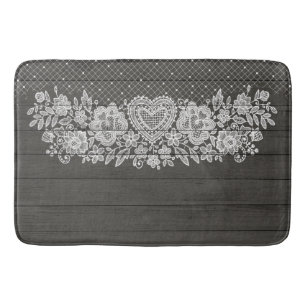 Rustic Wood & White Lace Lacy Farmhouse Bath Mat