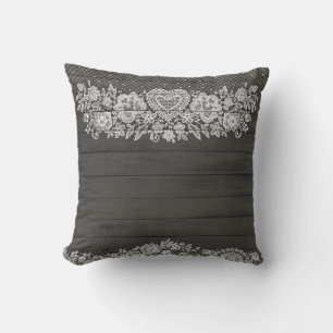Rustic Wood & White Lace Lacy Farmhouse Chic Cushion