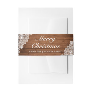 Rustic Wood & White Lace Merry Christmas Party Invitation Belly Band