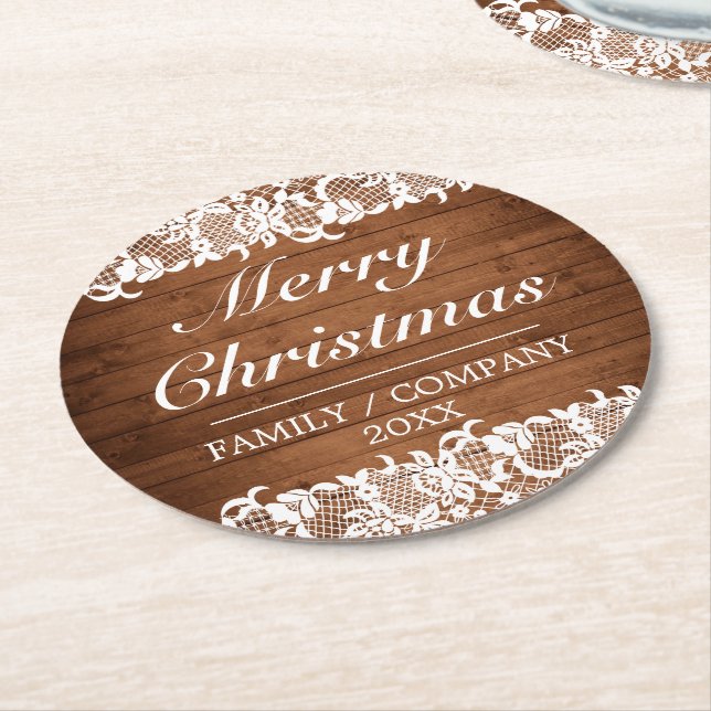 Rustic Wood & White Lace Merry Christmas Round Paper Coaster (Angled)