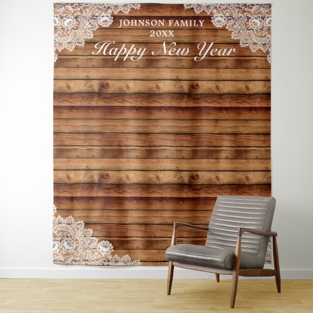 Rustic Wood & White Lace New Year Photo Background Tapestry (In Situ)