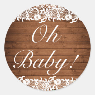 Rustic Wood & White Lace OH BABY Classic Round Sticker
