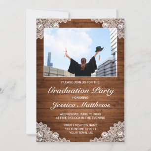 Rustic Wood & White Lace Photo Graduation  Invitation