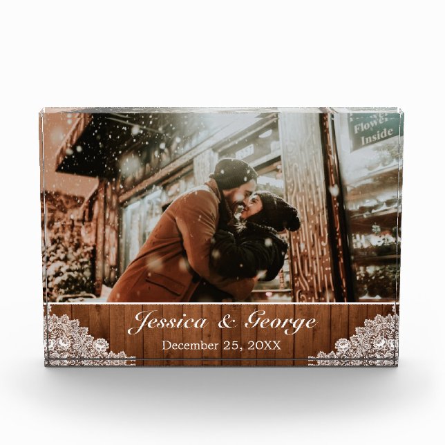 Rustic Wood & White Lace Photo Overlay Glass Block (Front)