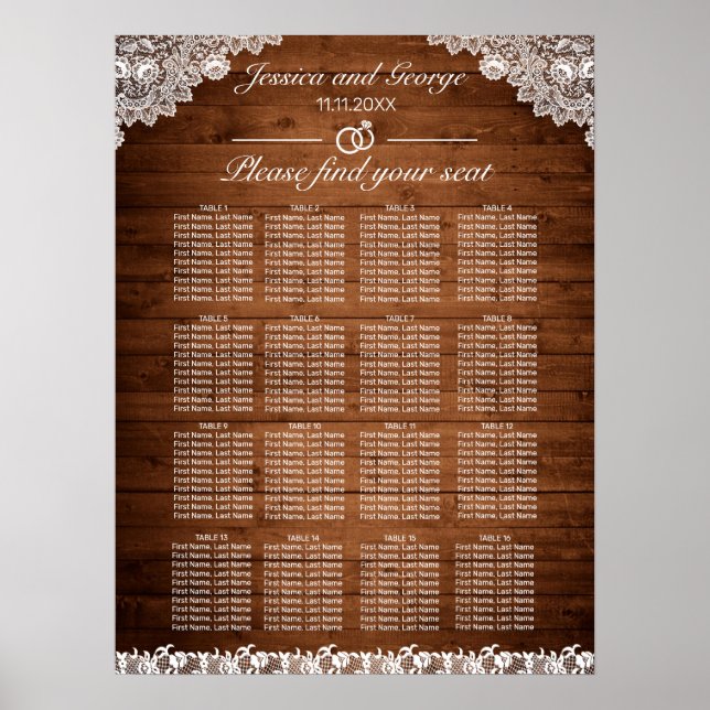 Rustic Wood & White Lace Seating Chart 16 Tables (Front)