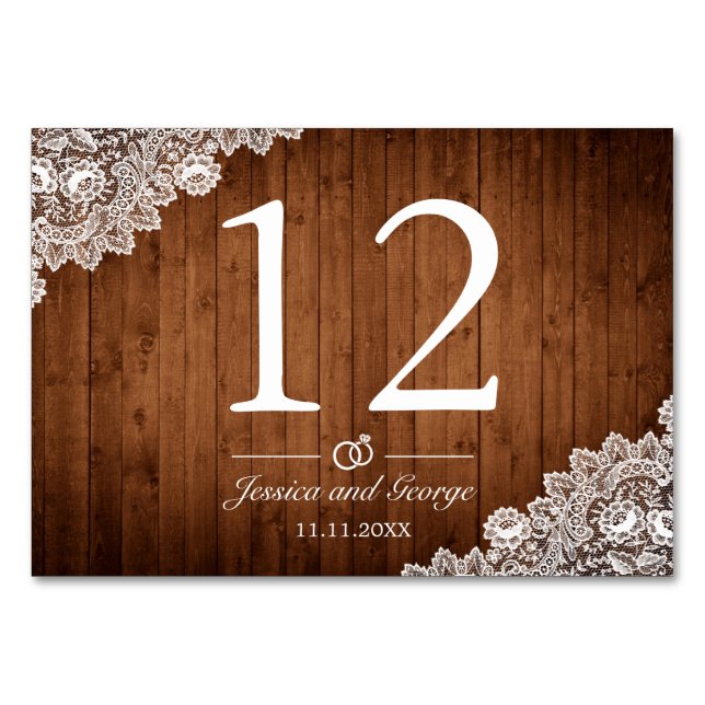 Rustic Wood & White Lace Table Number (Front)
