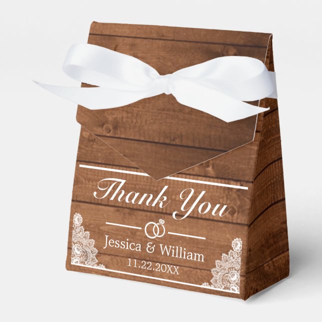 Rustic Wood & White Lace Thank You Wedding Favour Box (Front Side)