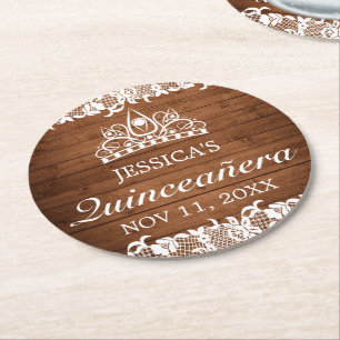 Rustic Wood & White Lace Tiara Quinceanera Round Paper Coaster