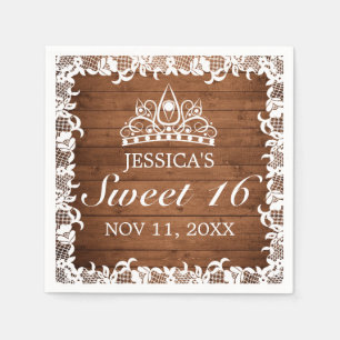 Rustic Wood & White Lace Tiara Sweet 16 Napkin