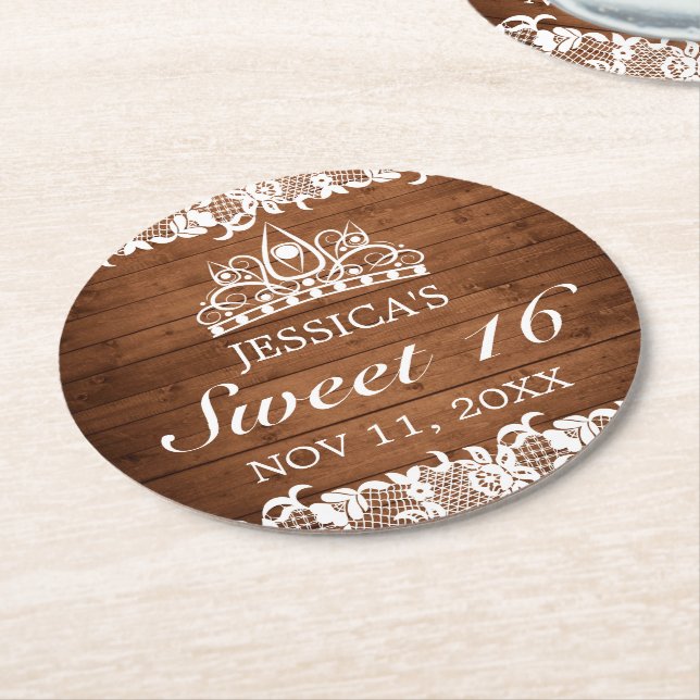 Rustic Wood & White Lace Tiara Sweet 16 Round Paper Coaster (Angled)