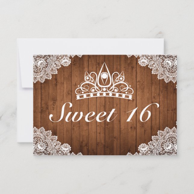 Rustic Wood & White Lace Tiara Sweet 16 RSVP Card (Front)