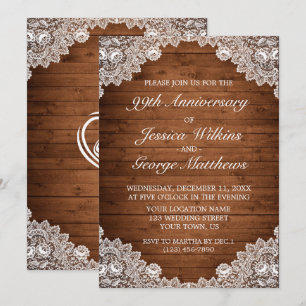 Rustic Wood & White Lace Wedding Anniversary Invitation