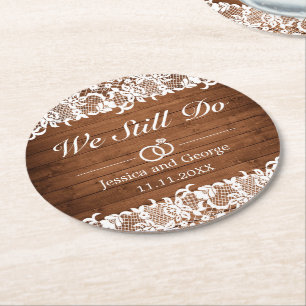 Rustic Wood & White Lace Wedding Anniversary Round Paper Coaster