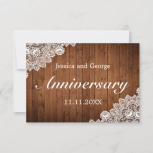 Rustic Wood & White Lace Wedding Anniversary RSVP Card