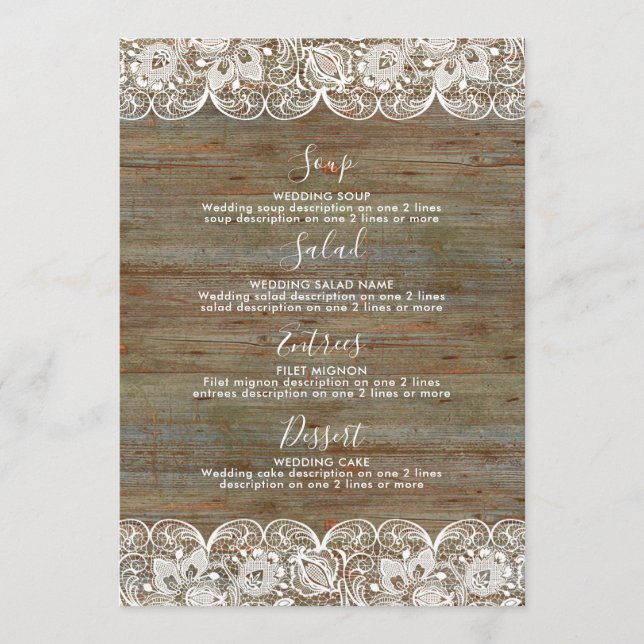 Rustic Wood White Lace Wedding Menu (Front)