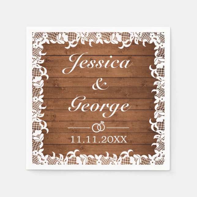 Rustic Wood & White Lace Wedding Napkin (Front)
