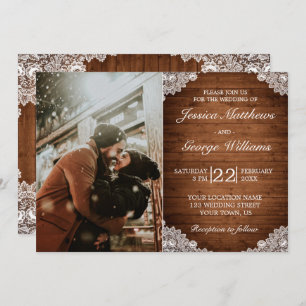 Rustic Wood & White Lace Wedding Photo Invitation