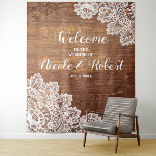 Rustic Wood White Lace Wedding PhotoBooth Backdrop Tapestry